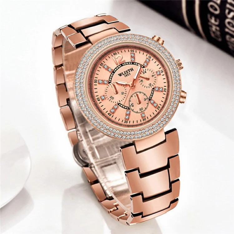 WLISTH 6197 Relógio de pulso feminino de quartzo com decoração de strass, luminoso e de formato redondo - Mostrador dourado-rosado