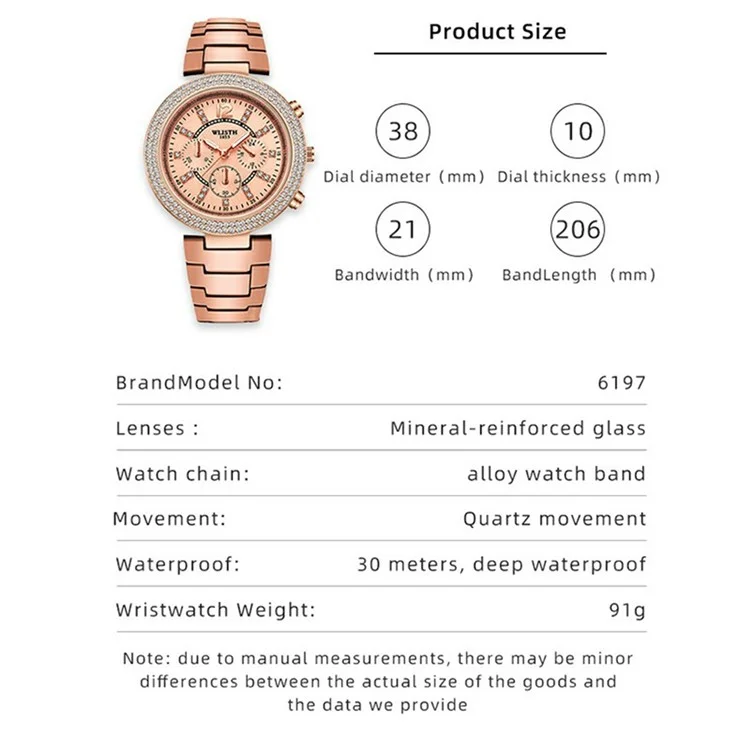 WLISTH 6197 Relógio de pulso feminino de quartzo com decoração de strass, luminoso e de formato redondo - Mostrador dourado-rosado