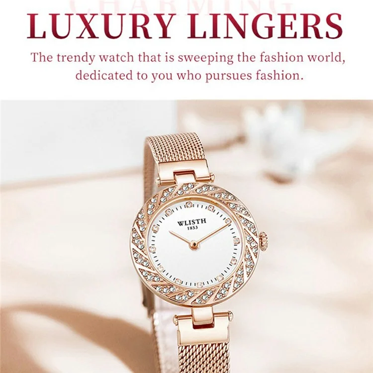 WLISTH 6198 Reloj de mujer de cuarzo con decoración de cristales de Rhinestone - Oro rosa