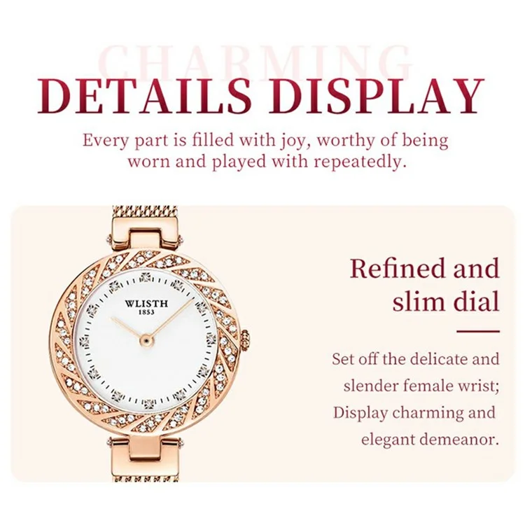 WLISTH 6198 Reloj de mujer de cuarzo con decoración de cristales de Rhinestone - Oro rosa