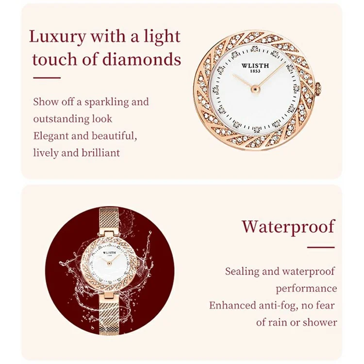 WLISTH 6198 Reloj de mujer de cuarzo con decoración de cristales de Rhinestone - Oro rosa