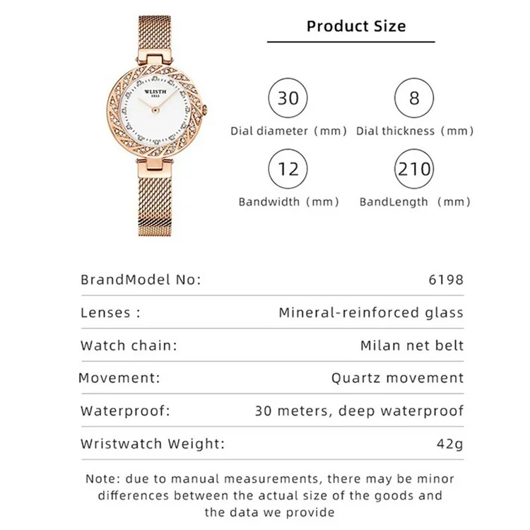 WLISTH 6198 Reloj de mujer de cuarzo con decoración de cristales de Rhinestone - Oro rosa