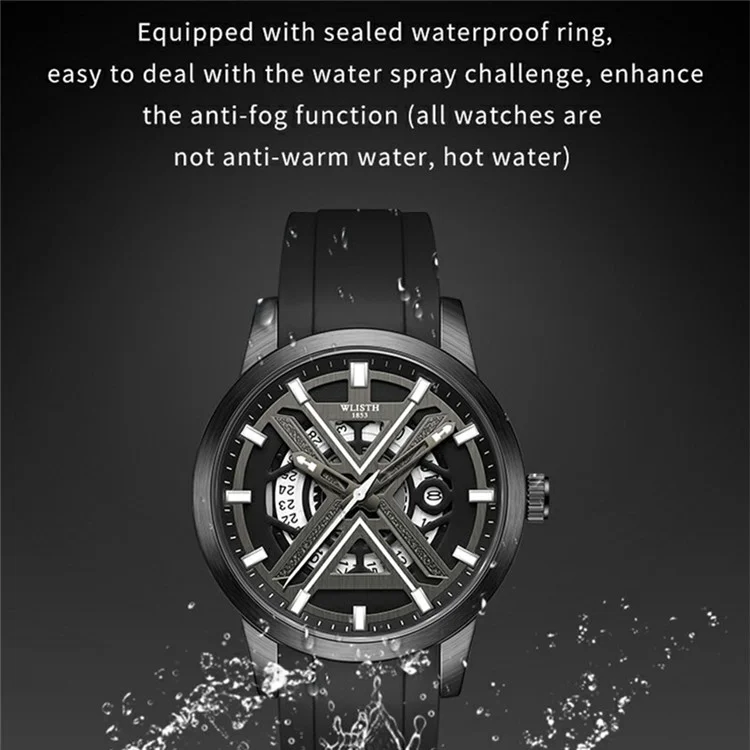 WLISTH 6183 Reloj de cuarzo simple y elegante con correa de silicona - Negro
