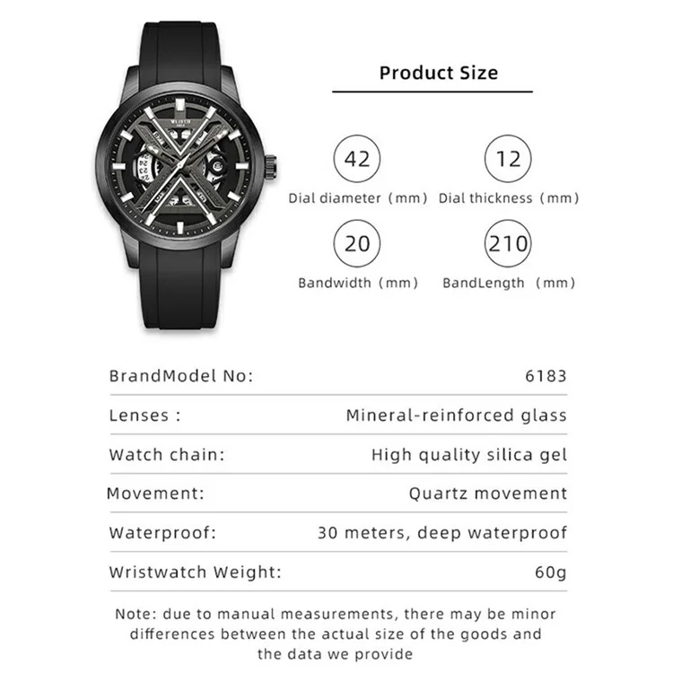 WLISTH 6183 Reloj de cuarzo simple y elegante con correa de silicona - Negro
