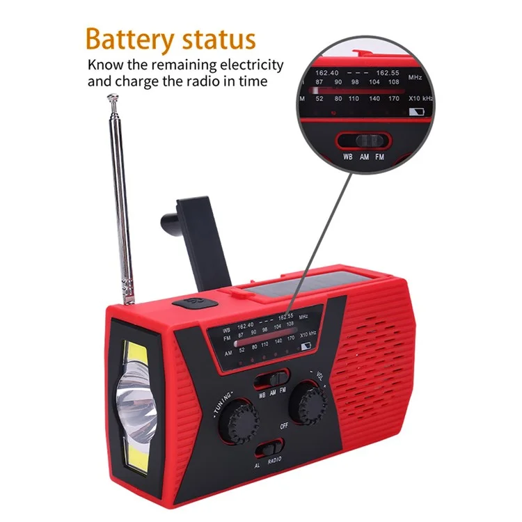 HY-018 tragbares Solarhandkurbel-FM-AM-WB-Radio mit 3 LED-Taschenlampen, Leselampe und Powerbank