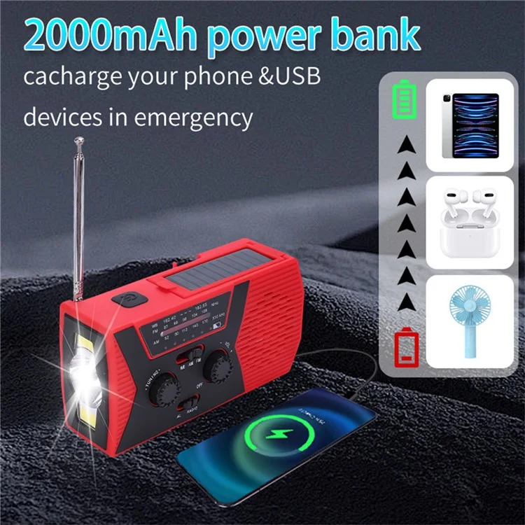 HY-018 tragbares Solarhandkurbel-FM-AM-WB-Radio mit 3 LED-Taschenlampen, Leselampe und Powerbank
