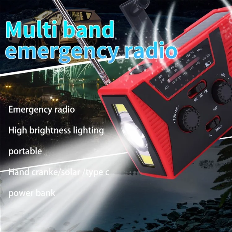 HY-018 tragbares Solarhandkurbel-FM-AM-WB-Radio mit 3 LED-Taschenlampen, Leselampe und Powerbank