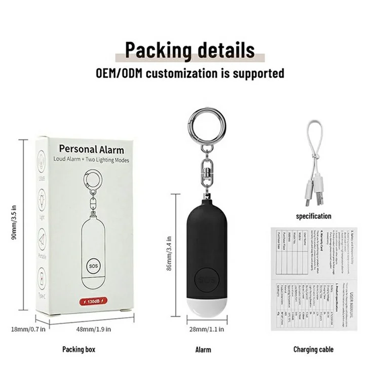 PA100 Rechargeable Personal Alarm Device 130dB Anti Wolf Security Protection LED Light Alarm - White