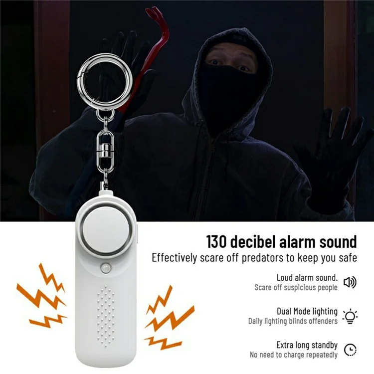 Dispositivo de seguridad de alarma personal PA200 con sonido de 130 dB, luz LED de 10 lúmenes y antilobo - Blanco