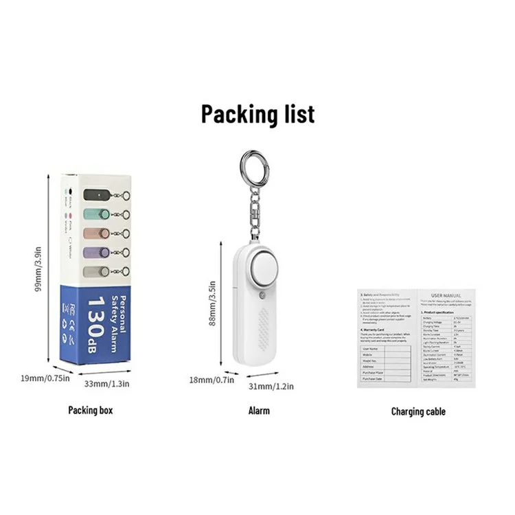 Dispositivo de seguridad de alarma personal PA200 con sonido de 130 dB, luz LED de 10 lúmenes y antilobo - Blanco