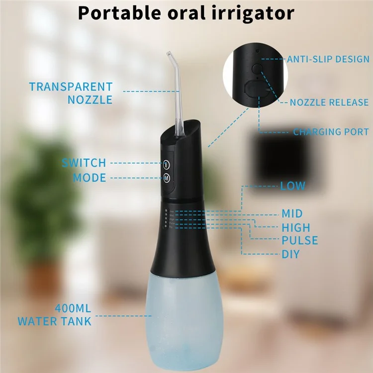 WF238 Portable Water Dental Flosser IPX7 Waterproof Electric Oral Irrigator 5 Modes Floss Picks - White