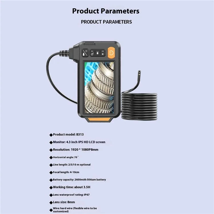 B313 4.3 Inch Inspection Camera 8mm Double Lens Industrial Endoscope with 2m Rigid Cable