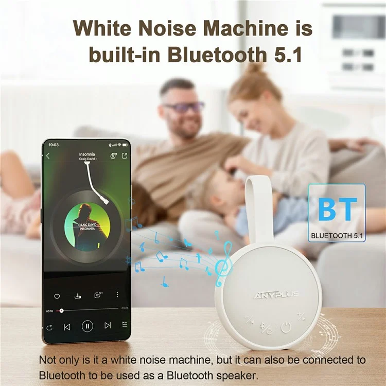 Tragbarer Weißrausch-Lautsprecher mit Bluetooth-Funktion - Schlafhilfe für Baby, Kind und Erwachsene - Weiß