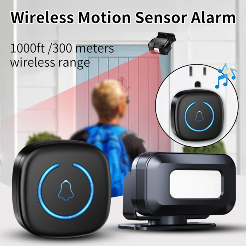 M8 Commercial Wireless Sensor Infrared Motion Detector Welcome Doorbell Chime with 1 Transmitter + 1 Receiver - US Plug  /  Black