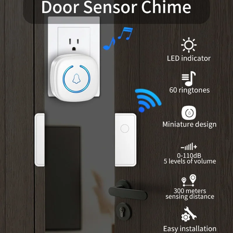 M8 Commercial Wireless Door Magnet Sensor Chime Welcome Visitor Alert with 1 Transmitter + 1 Receiver - EU Plug / White