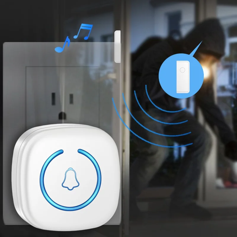 M8 Commercial Wireless Door Magnet Sensor Chime Welcome Visitor Alert with 1 Transmitter + 1 Receiver - EU Plug / White