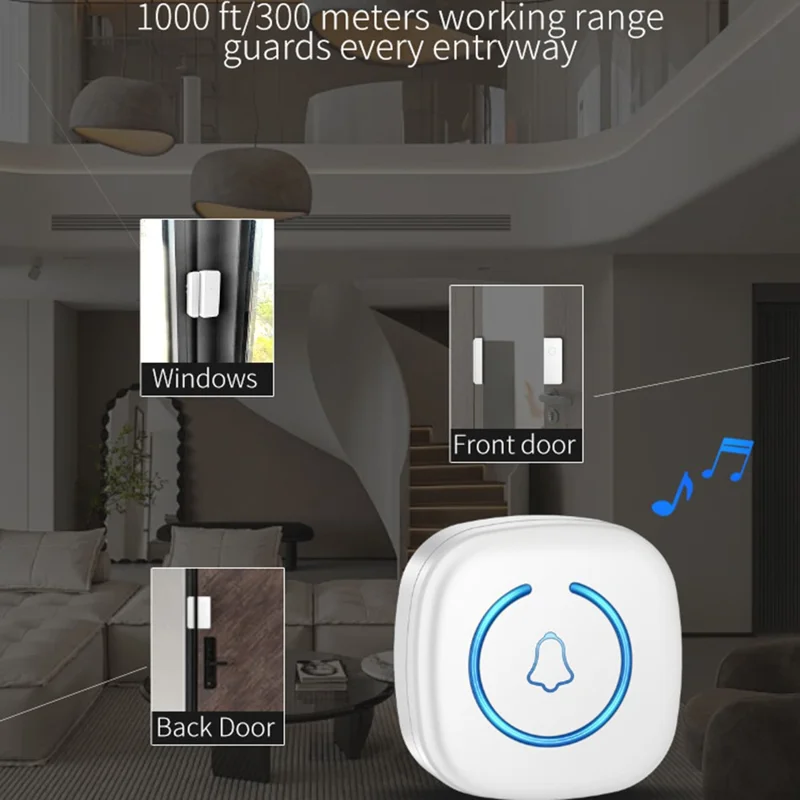 M8 Commercial Wireless Door Magnet Sensor Chime Welcome Visitor Alert with 1 Transmitter + 1 Receiver - EU Plug / White