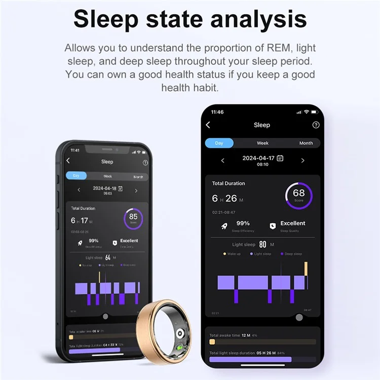 R03 Sleep Tracker Blood Oxygen Heart Rate Monitor Multifunction Smart Ring with Charging Case - Black  /  Size 7