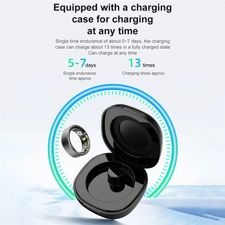 R03 Sleep Tracker Blood Oxygen Heart Rate Monitor Multifunction Smart Ring with Charging Case - Black  /  Size 7