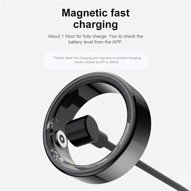 R02 IP68 wasserdichter Schlaf-Tracker, Blutdruck-Monitor, Herzfrequenz-Monitor Smart-Ring (mit magnetischem Ladekabel) - Schwarz / Größe 8