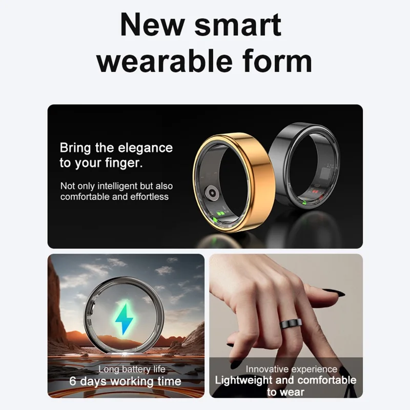 R02 IP68 Waterproof Sleep Tracker Blood Oxygen Heart Rate Monitor Smart Ring with Charging Case - Black  /  Size 9