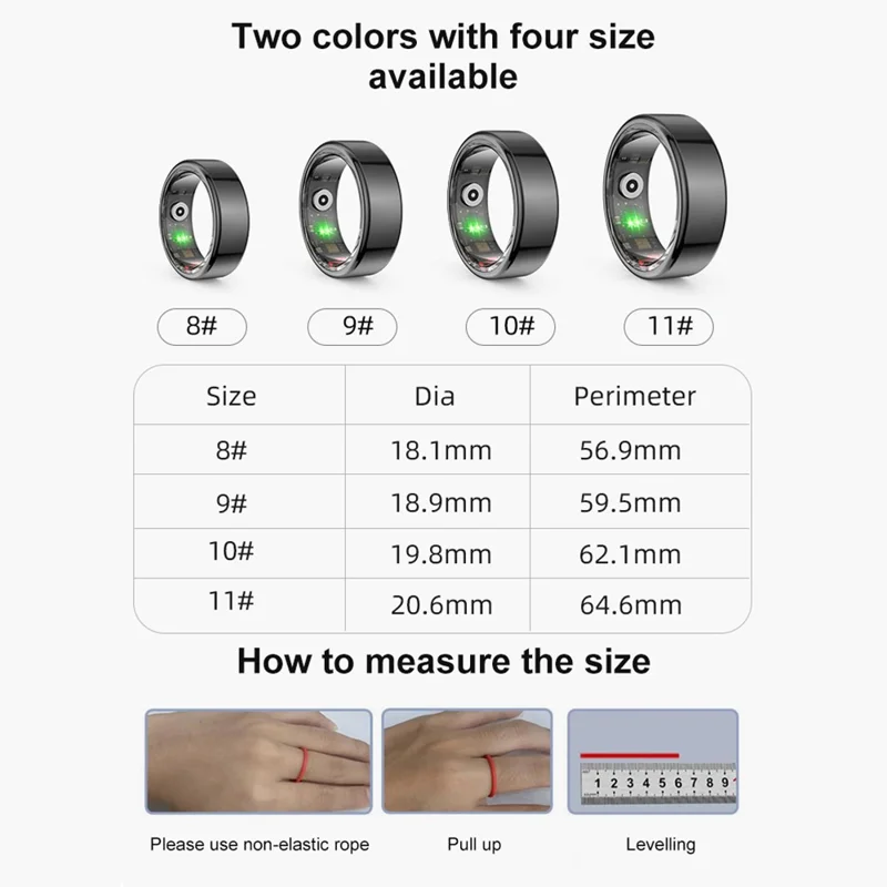 R02 IP68 Waterproof Sleep Tracker Blood Oxygen Heart Rate Monitor Smart Ring with Charging Case - Black  /  Size 9