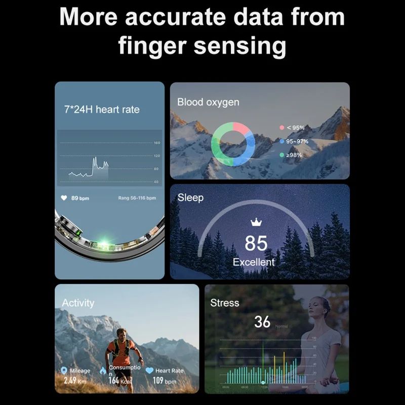 R06 5ATM Waterproof Aluminum Alloy Smart Ring Blood Oxygen Heart Rate Monitor with Charging Case - Black  /  Size 9