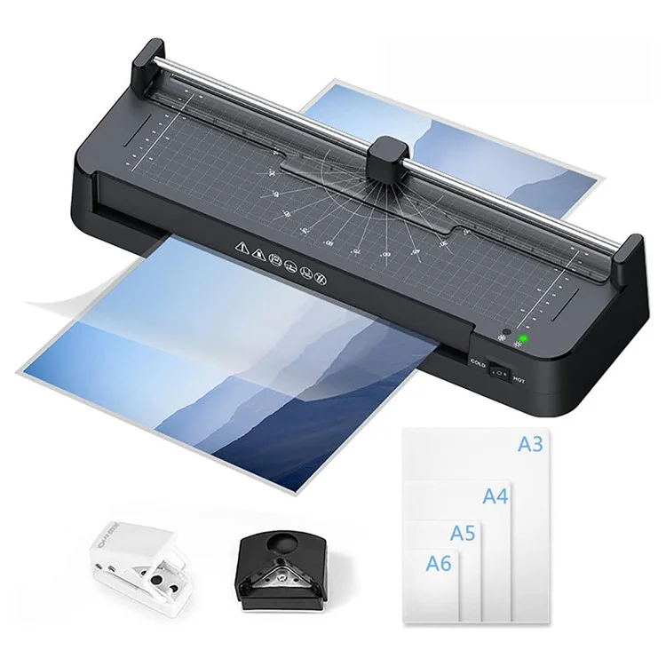 Laminatore FN337 A3 a riscaldamento rapido per foto, documenti, menu con pellicole A3, A4, A5, A6, tagliacantoni e perforatore - Spina USA