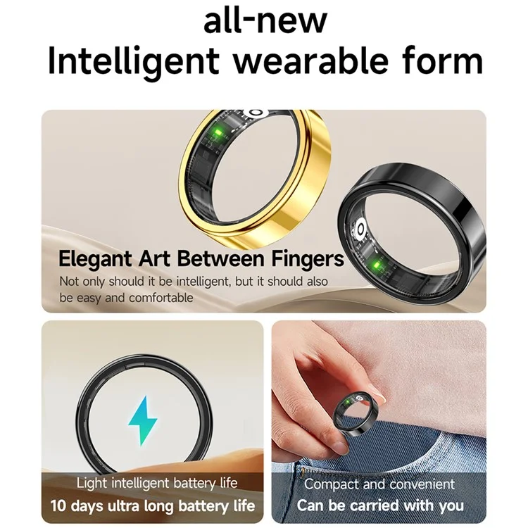 SR09 Blut-Sauerstoff-Herzfrequenz-Gesundheitsüberwachungs-Smartring Sporttracker-Ring (magnetisches Ladekabel) - Leuchtend Silber / Größe 8
