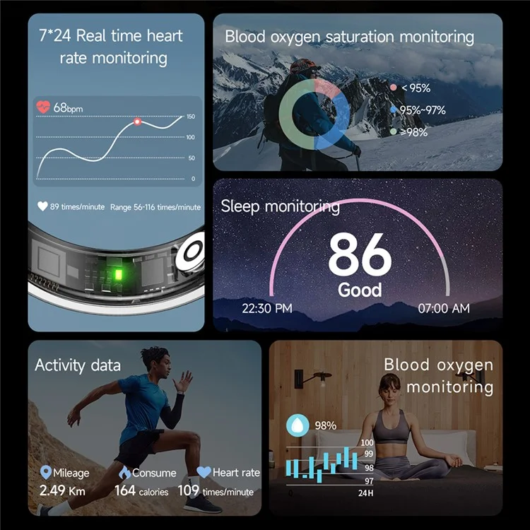 SR09 Blut-Sauerstoff-Herzfrequenz-Gesundheitsüberwachungs-Smartring Sporttracker-Ring (magnetisches Ladekabel) - Leuchtend Silber / Größe 8