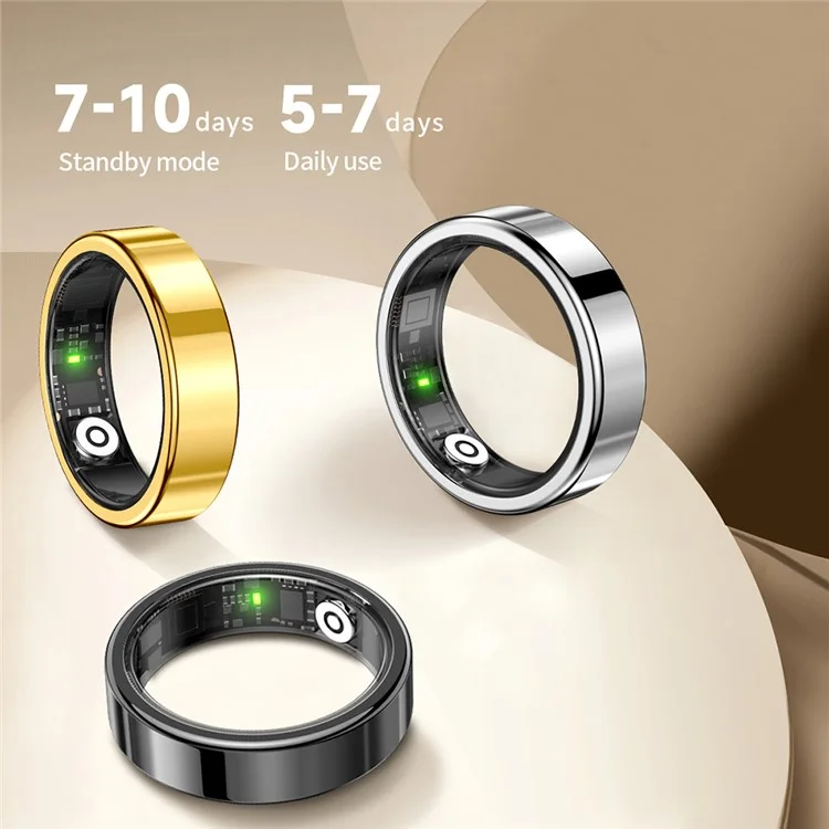 SR09 Blood Oxygen Heart Rate Health Monitor Smart Ring Sports Tracker Ring with Charging Case - Bright Black / Size 9