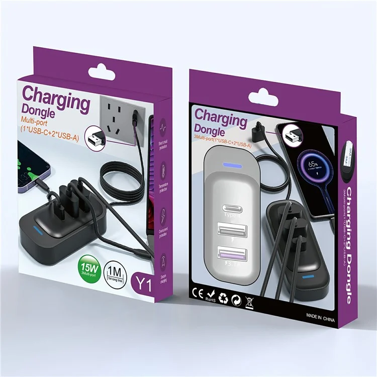 Y1 Type C + Dual USB Car Rear Seat Charger Fast Charging Adapter with 1m Extension Cable