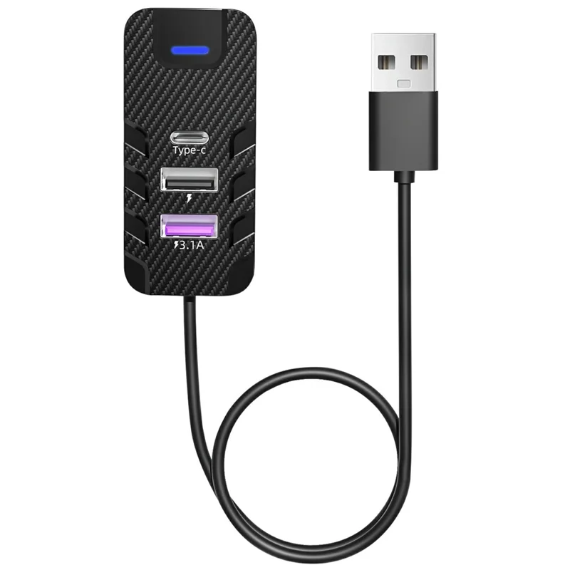 Y2 Type C + Dual USB Carbon Fiber Texture Car Rear Seat Charger Adapter with 1m Extension Cable