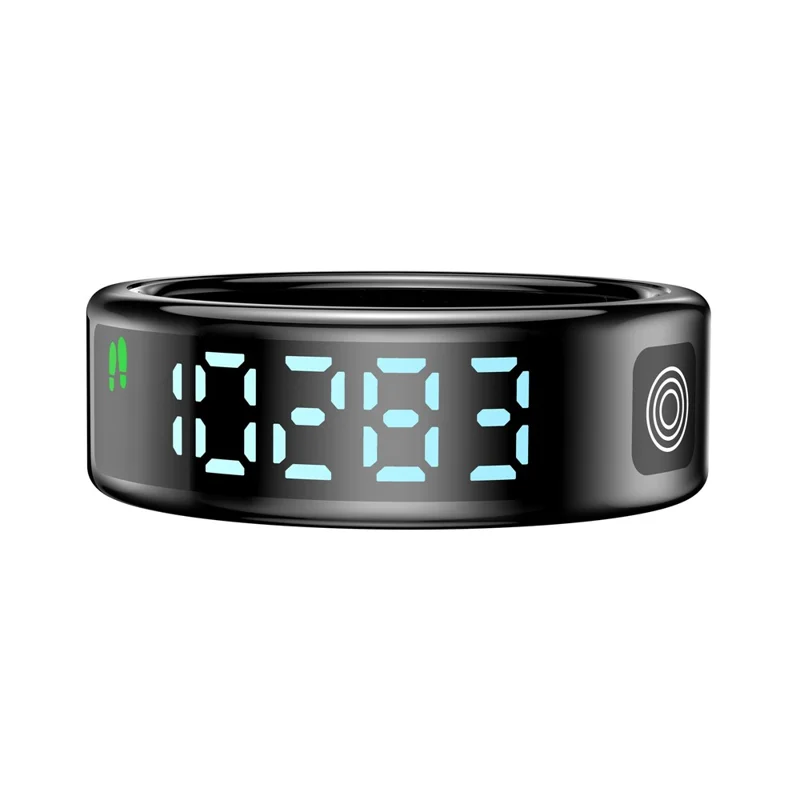 SR08 Digital Display Smart Ring Sleep Tracker Blood Oxygen Heart Rate Monitor Ring ( Magnetic Cable Charging ) - Bright Black  /  Size 10