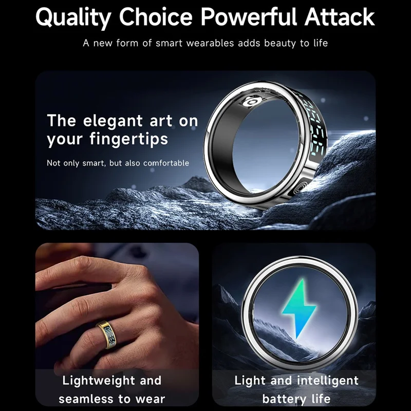 SR08 Digital Display Smart Ring Sleep Tracker Blood Oxygen Heart Rate Monitor Ring ( Magnetic Cable Charging ) - Bright Black  /  Size 10