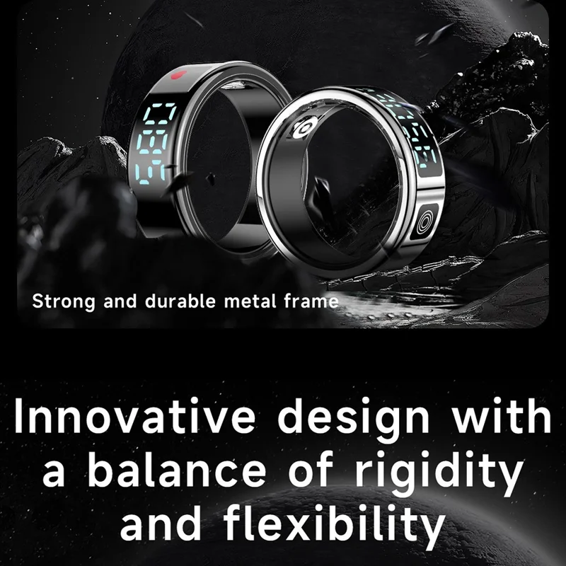 SR08 Digital Display Smart Ring Sleep Tracker Blood Oxygen Heart Rate Monitor Ring ( Magnetic Cable Charging ) - Bright Black  /  Size 10