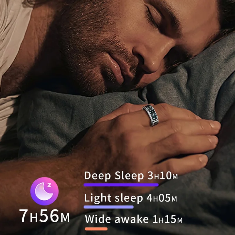 SR08 Digital Display Smart Ring Sleep Tracker Blood Oxygen Heart Rate Monitor Ring ( Magnetic Cable Charging ) - Bright Black  /  Size 10