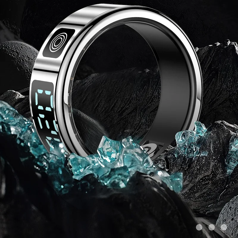 SR08 Digital Display Smart Ring Sleep Tracker Blood Oxygen Heart Rate Monitor Ring ( Magnetic Cable Charging ) - Bright Black  /  Size 10