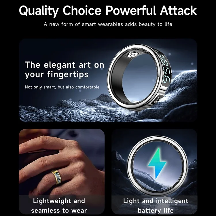 SR08 Bague Intelligente Tracker de Sommeil avec Affichage Numérique, Moniteur de Saturation en Oxygène et Fréquence Cardiaque avec Boîtier de Charge - Noir Brillant / Taille 8