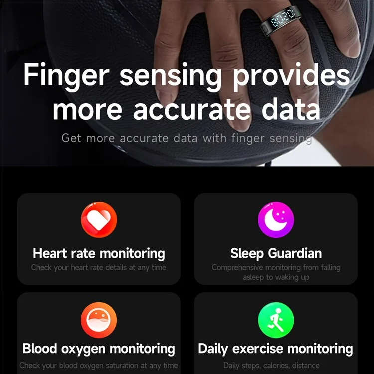SR08 Bague Intelligente Tracker de Sommeil avec Affichage Numérique, Moniteur de Saturation en Oxygène et Fréquence Cardiaque avec Boîtier de Charge - Noir Brillant / Taille 8