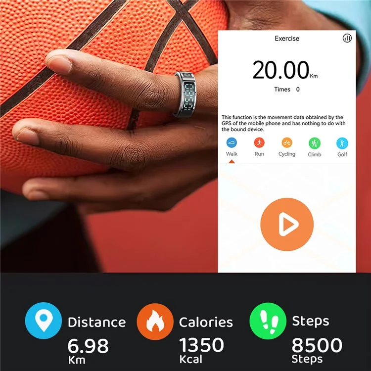 SR08 Bague Intelligente Tracker de Sommeil avec Affichage Numérique, Moniteur de Saturation en Oxygène et Fréquence Cardiaque avec Boîtier de Charge - Noir Brillant / Taille 8