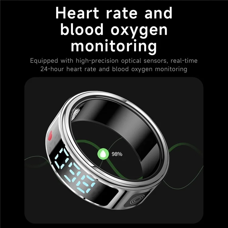 SR08 Bague Intelligente Tracker de Sommeil avec Affichage Numérique, Moniteur de Saturation en Oxygène et Fréquence Cardiaque avec Boîtier de Charge - Noir Brillant / Taille 8