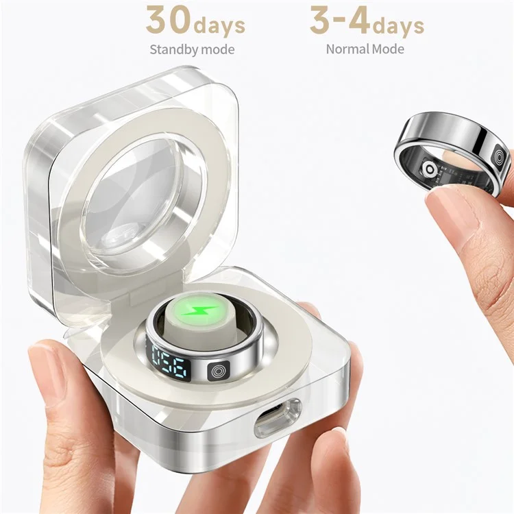 SR08 Bague Intelligente Tracker de Sommeil avec Affichage Numérique, Moniteur de Saturation en Oxygène et Fréquence Cardiaque avec Boîtier de Charge - Noir Brillant / Taille 8