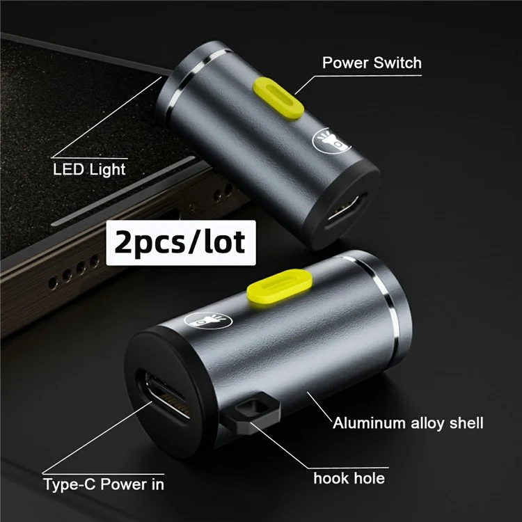 PW-055 2Pcs 210 Lumens USB C Mini LED Flashlight Interior Atmosphere Lighting Torch for Outdoor Walking Cycling