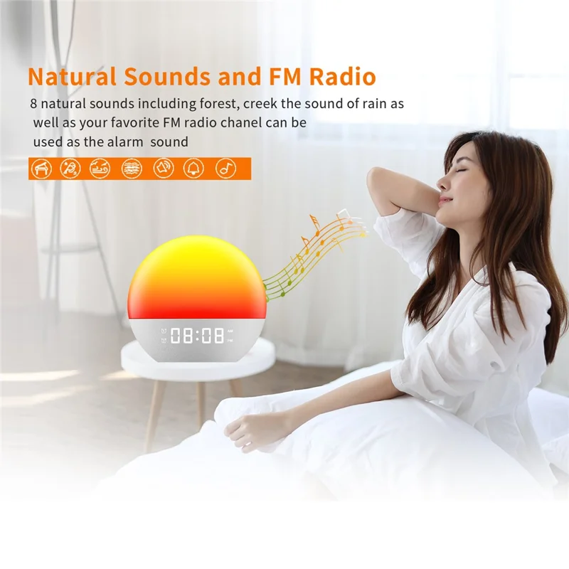 SH08 Bedside LED Night Light Wake Up Alarm Clock Light with Ambient Colors  /  White Noise  /  Sleep Aid - US Plug