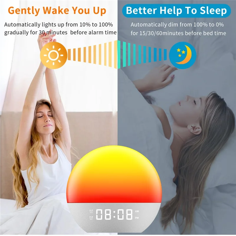 SH08 Bedside LED Night Light Wake Up Alarm Clock Light with Ambient Colors  /  White Noise  /  Sleep Aid - US Plug