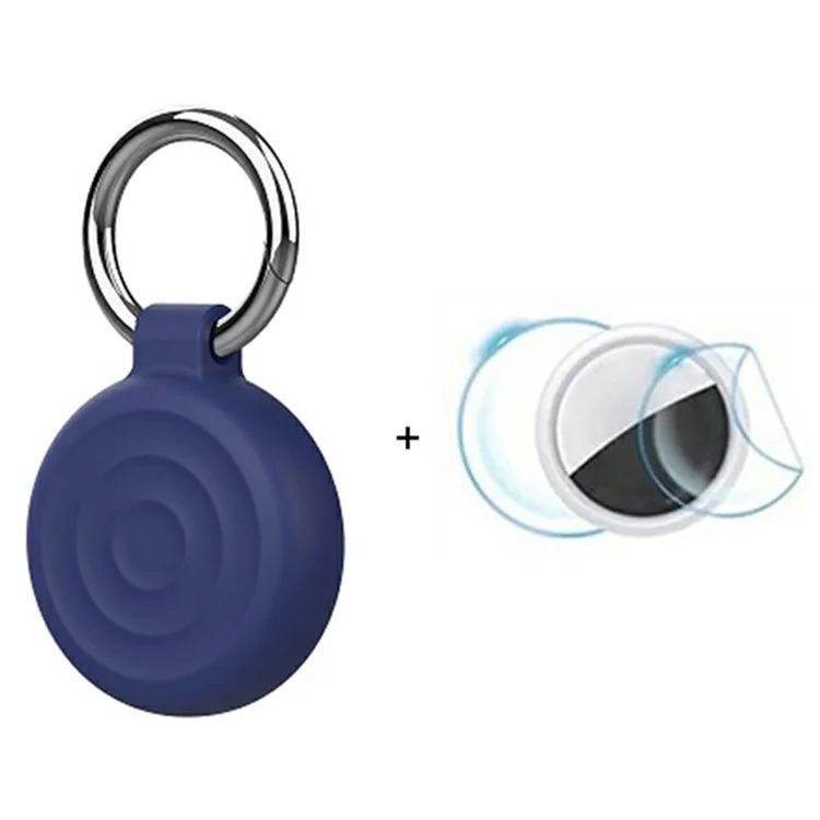 For AirTag Tracker Case Wavy Design Waterproof Silicone Protective Cover with Front / Back Film - Dark Blue