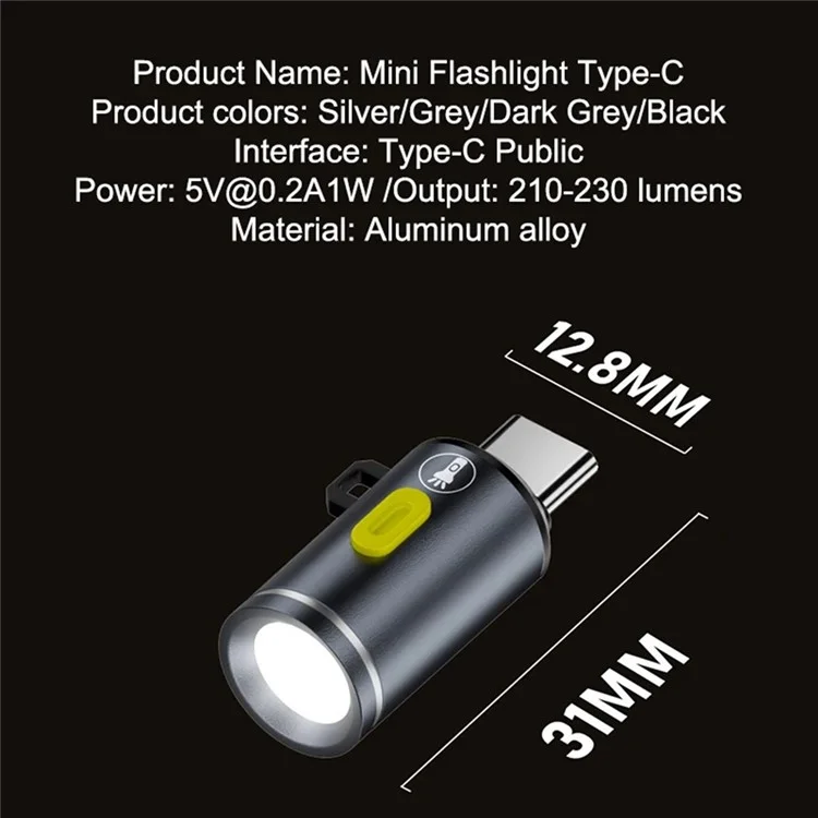 Mini LED Flashlight Type C Plug Rechargeable Portable Torch for Outdoor / Home Emergency - Grey