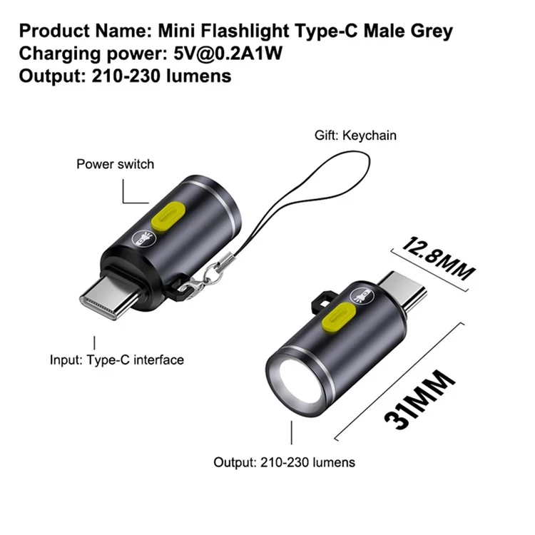Mini LED Flashlight Type C Plug Rechargeable Portable Torch for Outdoor / Home Emergency - Dark Grey