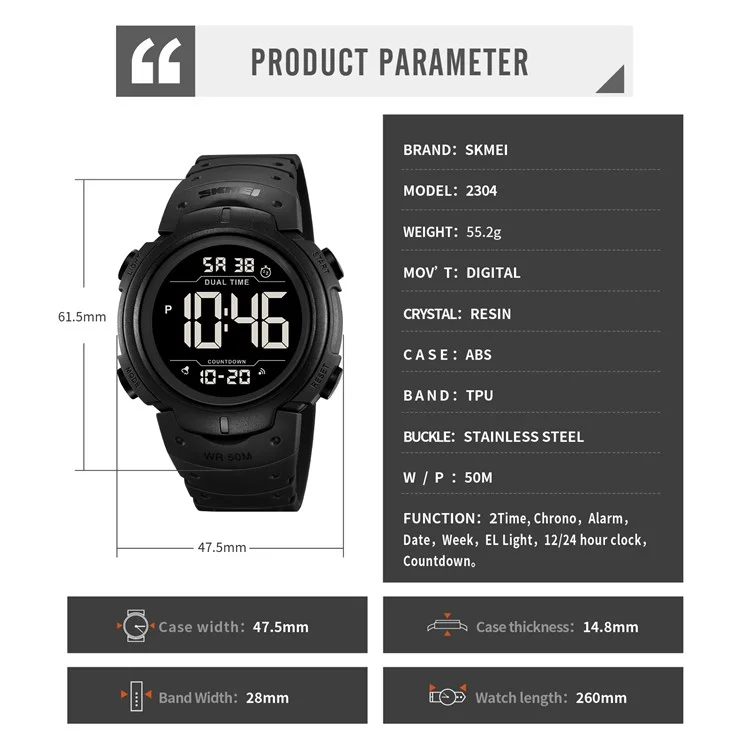 SKMEI 2304 Montre numérique multifonction pour extérieur avec double affichage horaire et rétroéclairage EL - Noir